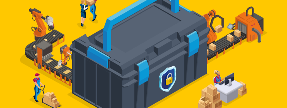 giant tool box with little manufuacturing men around it 