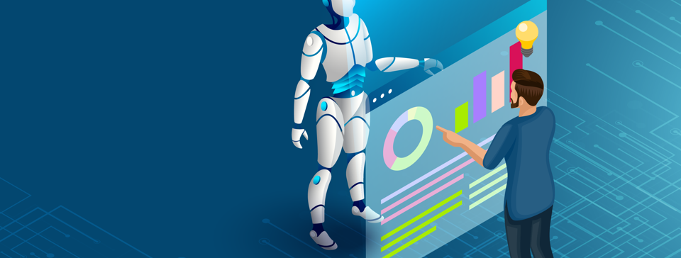 An illustration showing an AI robot with a light up dashboard overlay with data.