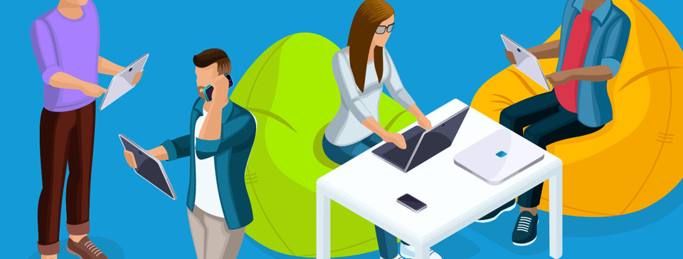 people sitting and standing while using ipads and laptops