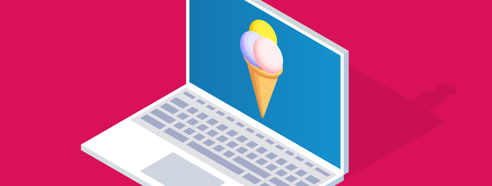 pink background, with a laptop open with a ice cream cone on the screen