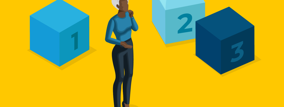 lady with 3 numbered boxes confused about what to decide