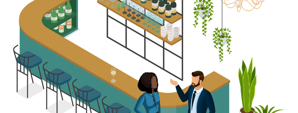Networking bar setup, with plants, shelving display and two attendees engaged in conversation.