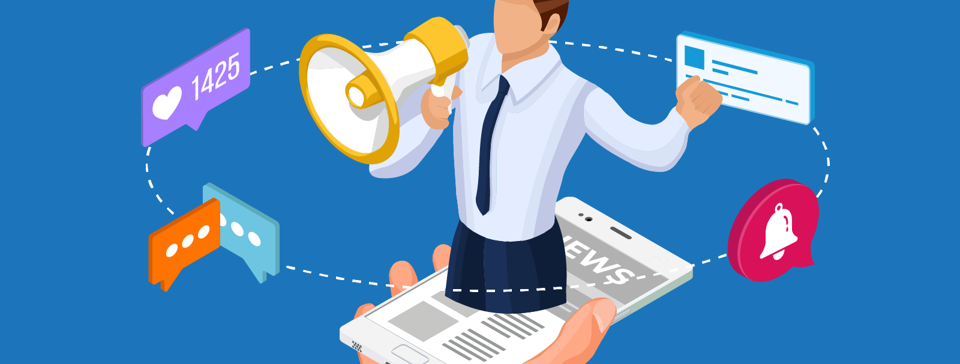 man coming out of phone with technolofy circling around him 