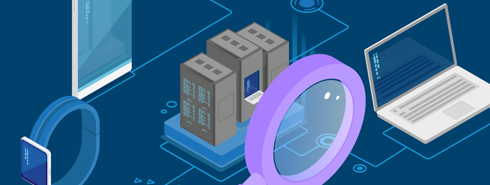 magnifying glass looking at a server