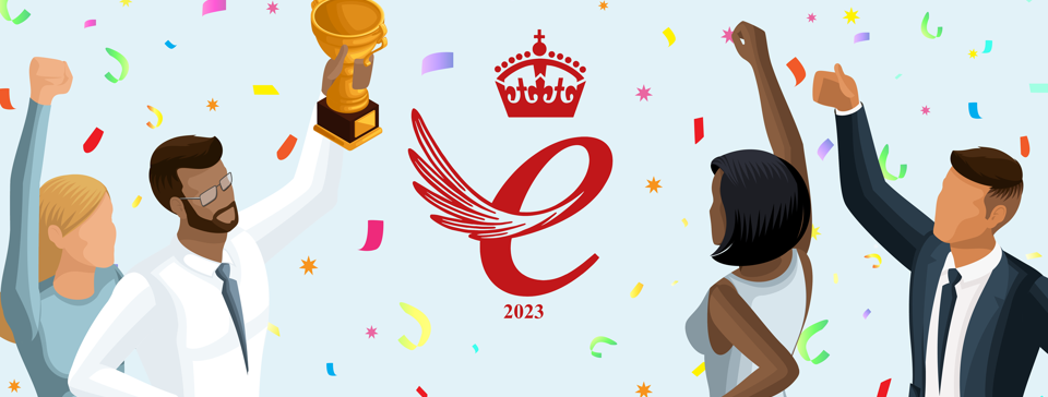 People celebrating, Kings award emblem