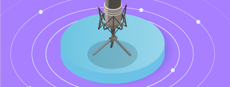 A microphone graphic on a purple background