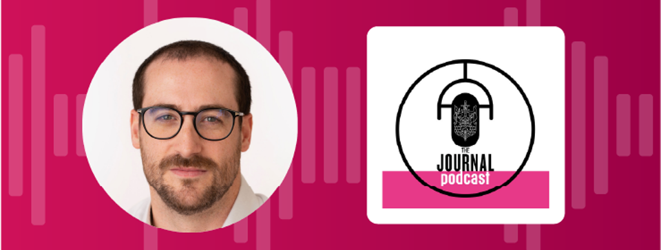 Alexander Beaton on a red background next to a logo of the journal podcast