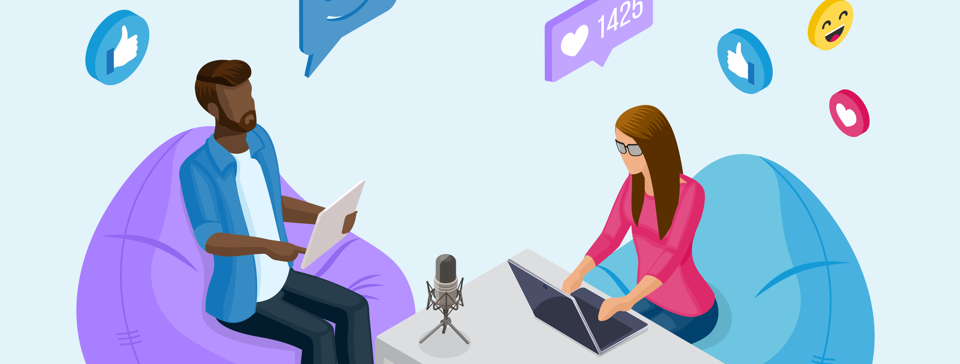 Two content creators with laptops and a podcast microphone