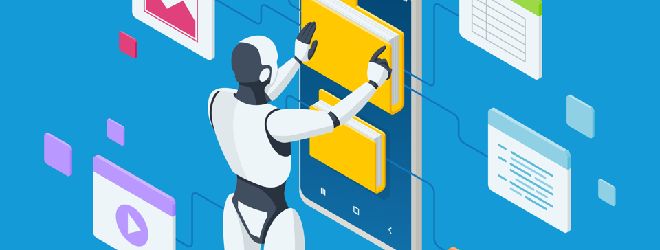 AI robot interacting with smartphone files