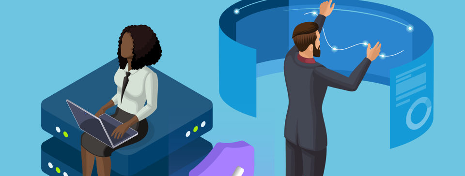 Woman with laptop, purple tick and man with touchscreen computer screen