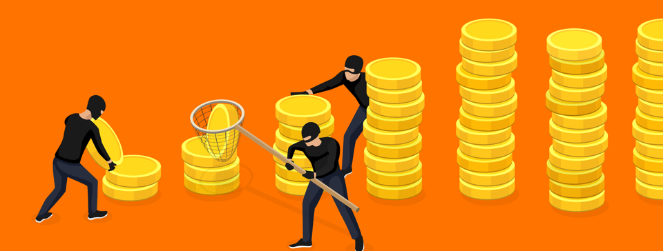 Little men in masks stacking giant gold coins