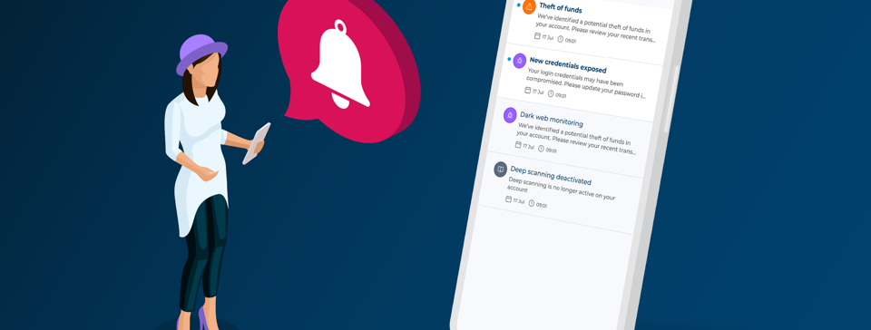 Lady with an alert on her phone, large iPhone mock up beside her