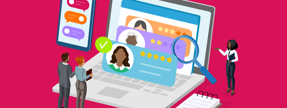An illustration showing a large laptop displaying several digital profile cards with star ratings. A magnifying glass hovers over the screen. Three illustrated figures stand beside the laptop reviewing a profile card, while another figure stands to the right holding a tablet. A smartphone with message bubbles, a pencil, and a notebook sit nearby. The background is bright pink.
