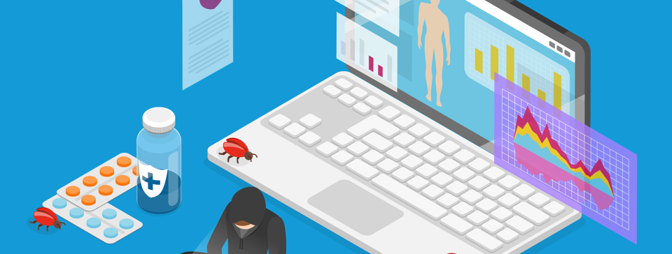 Hacker and bugs in front of laptop showing digital healthcare stats