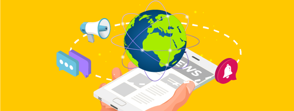 News world and internet on yellow background