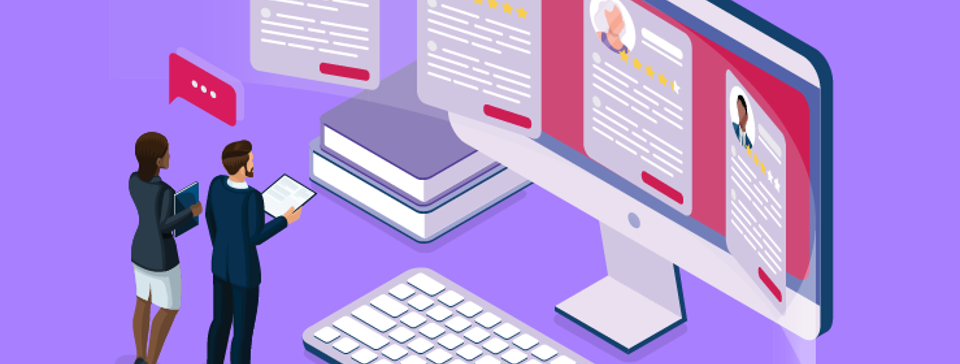 man and woman looking at giant computer screen at different people profiles